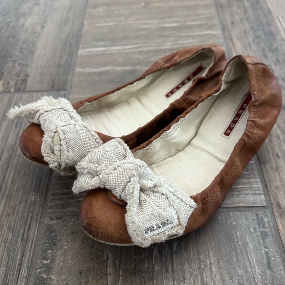 Prada Leather And Canvas Scrunch Bow Ballet Flats Size 38 - Picture 2 of 11